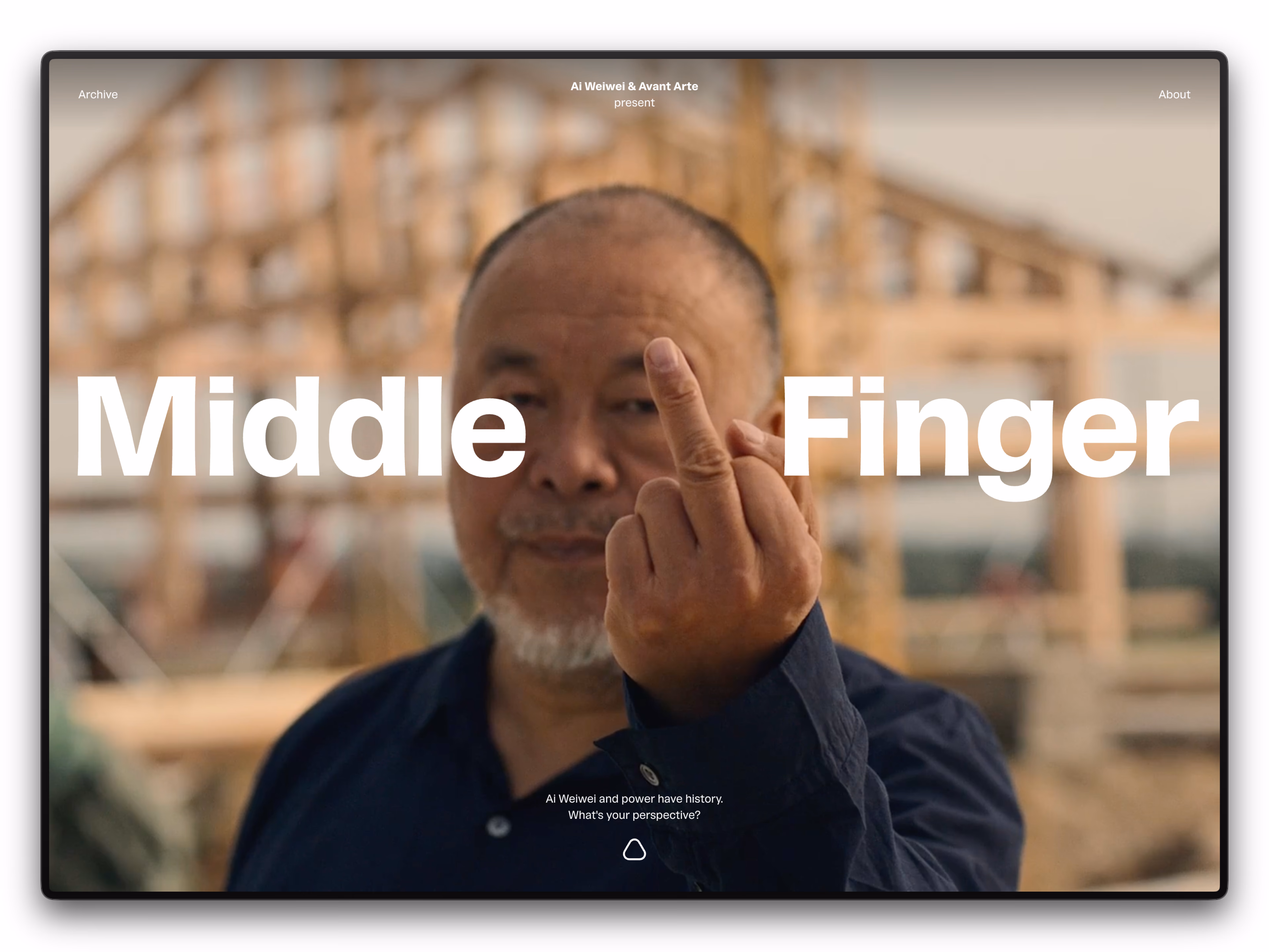 "Middle Finger" homepage featuring Ai Weiwei raising his middle finger