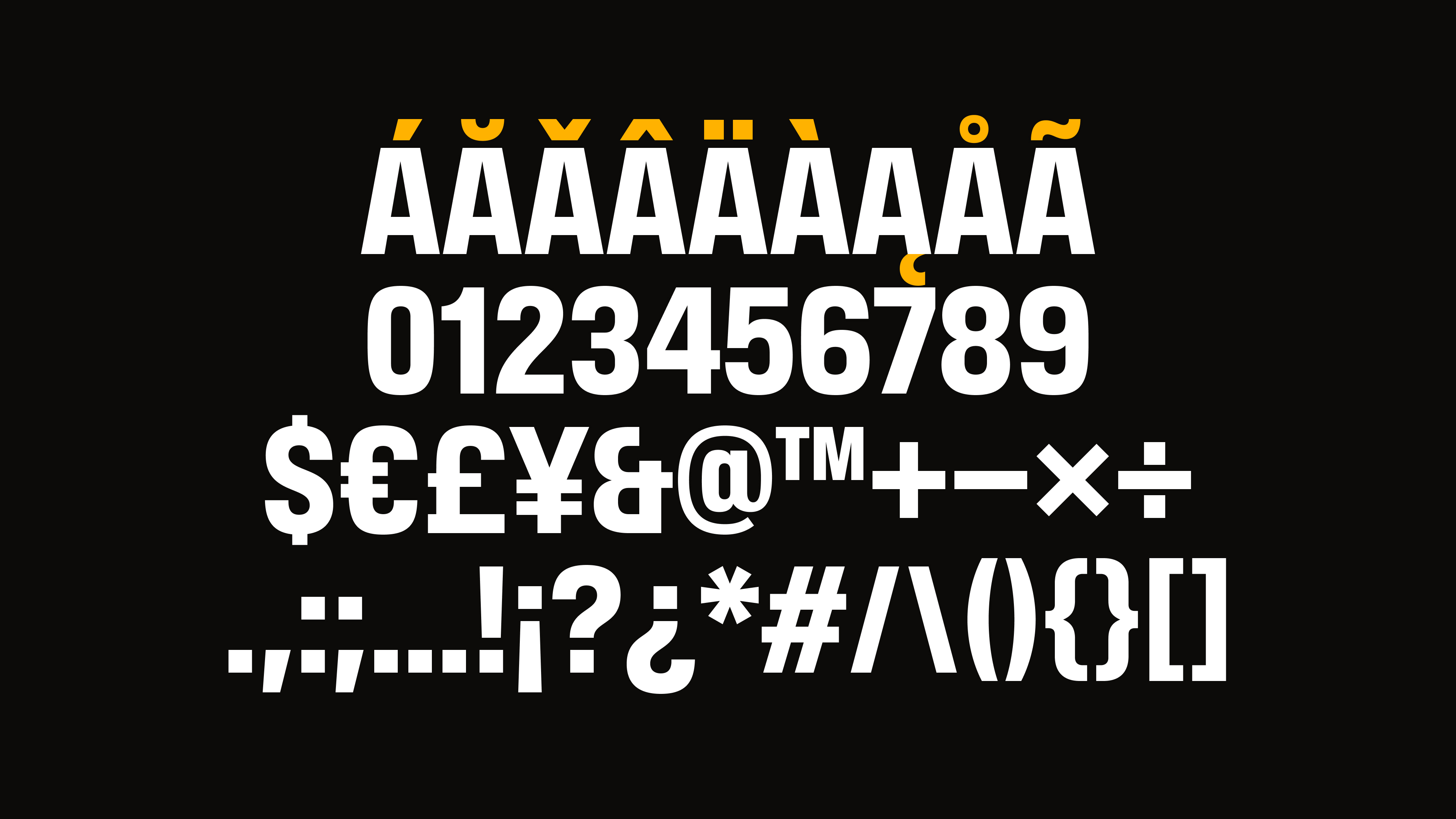 Set of characters used to illustrate REKKI Headings typeface on a black background