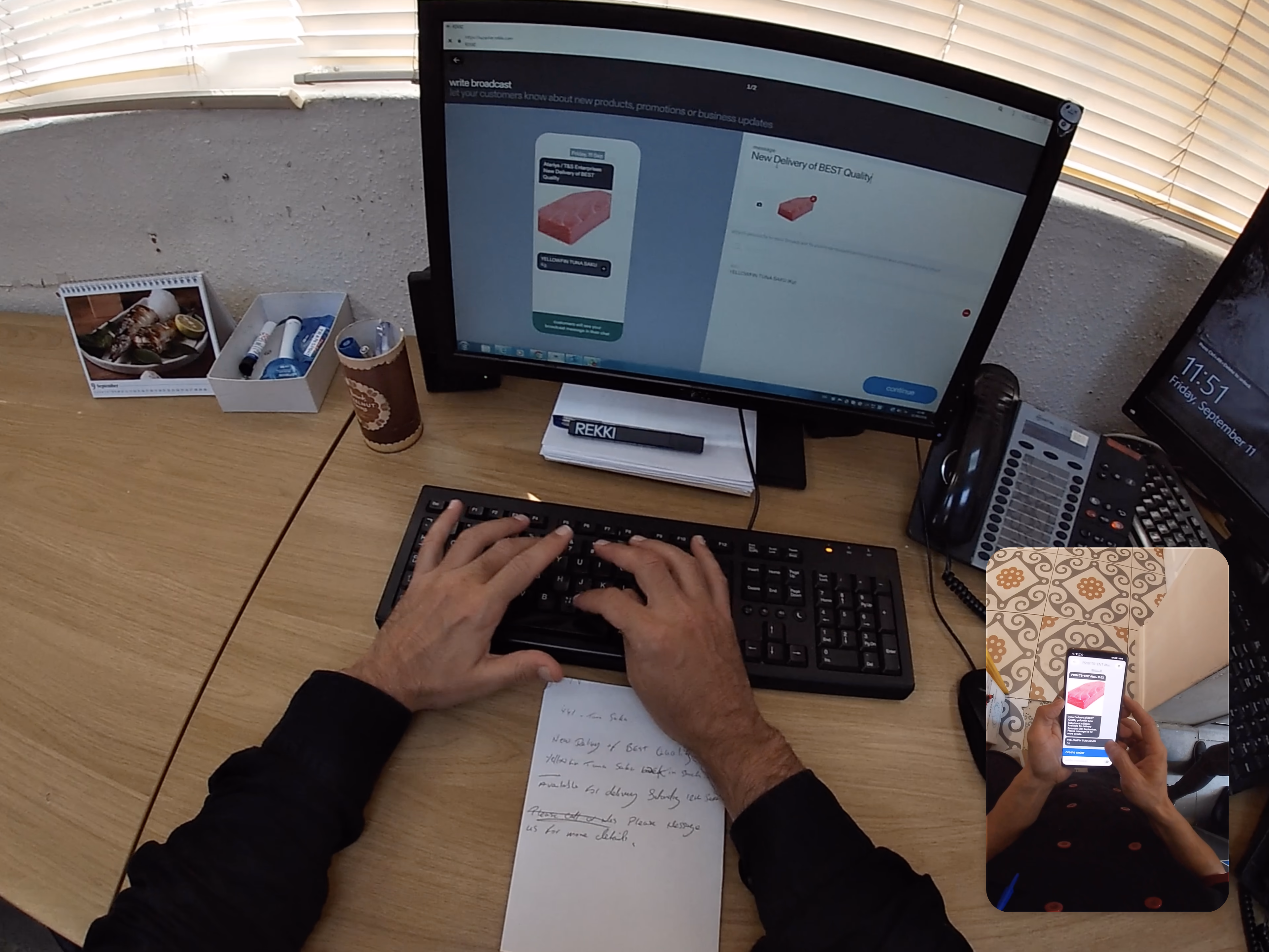 Split view of a supplier on desktop and a chef on mobile communicating through REKKI
