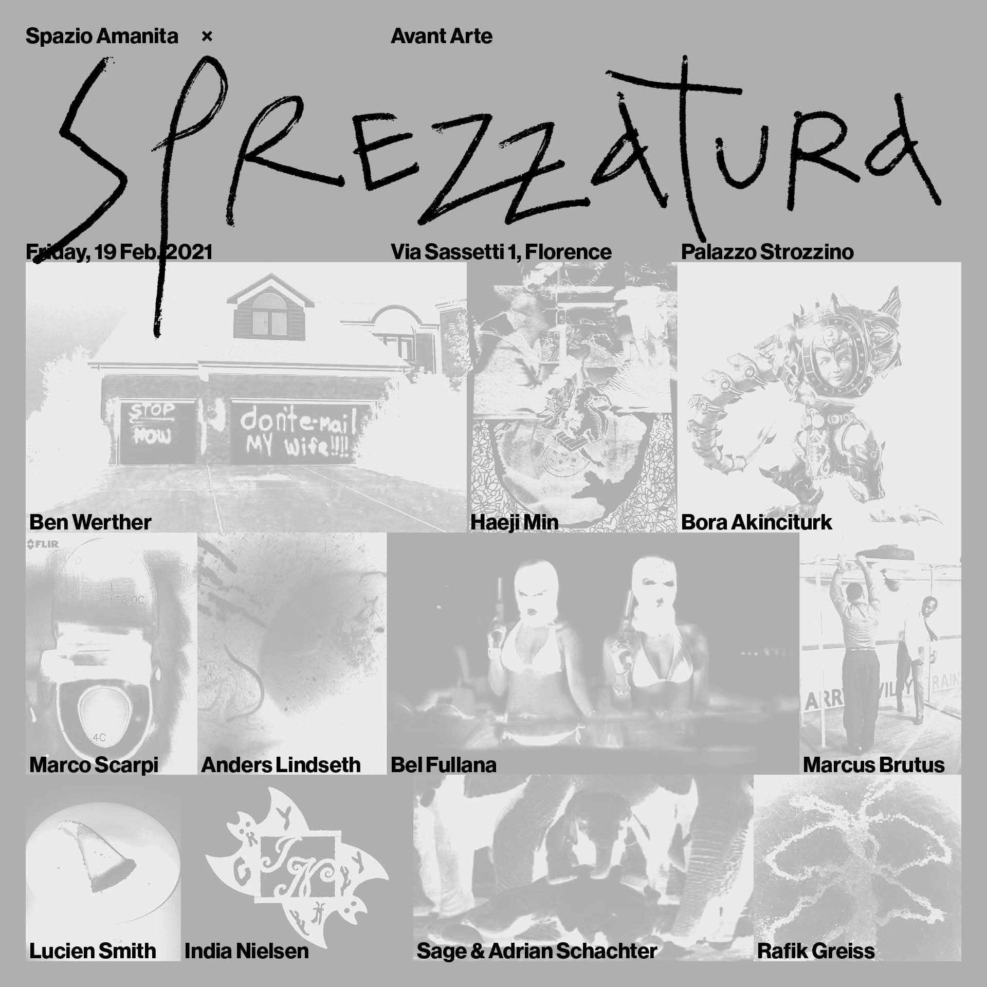 Sprezzatura flyer featuring Ben Werther, Haeji Min, Bora Akinciturk, Marco Scarpi, Anders Lindseth, Bel Fullana, Marcus Brutus, Lucien Smith, India Nielsen, Sage & Adrian Schashter, Rafik Greiss