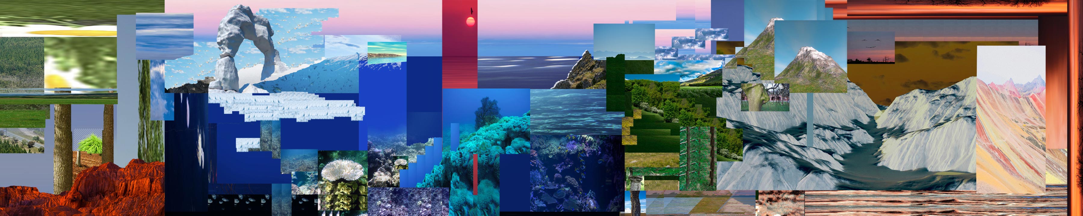 Large collage of different images forming an imaginary landscape