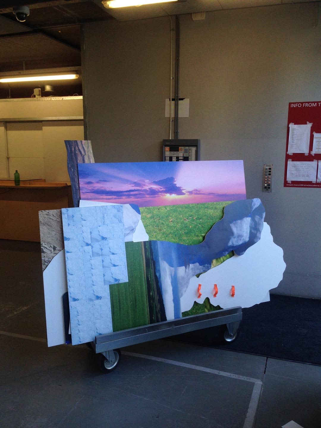 Set of large set design pieces on a cart