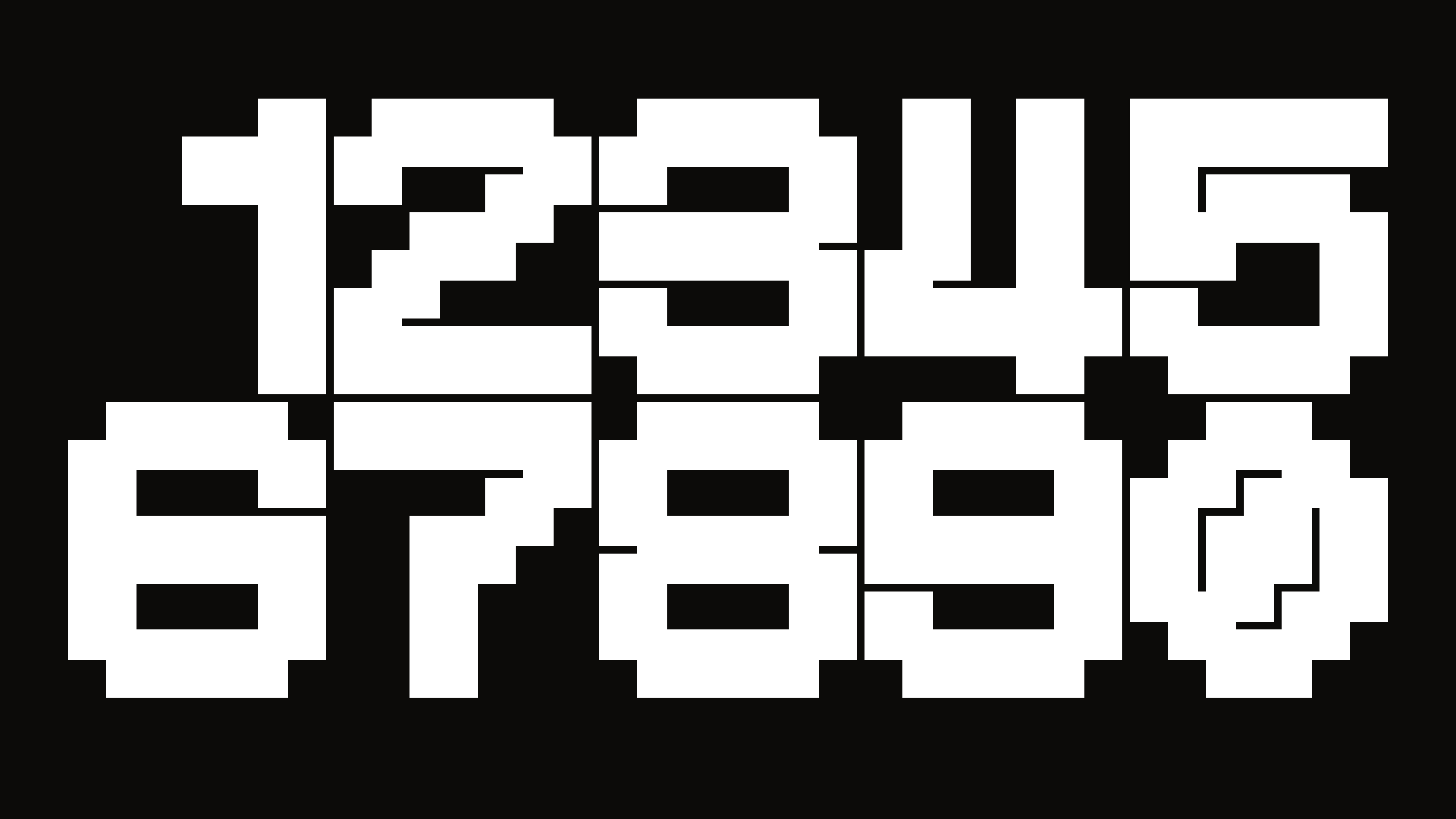 Custom lettering '0123456789' in white on a black background