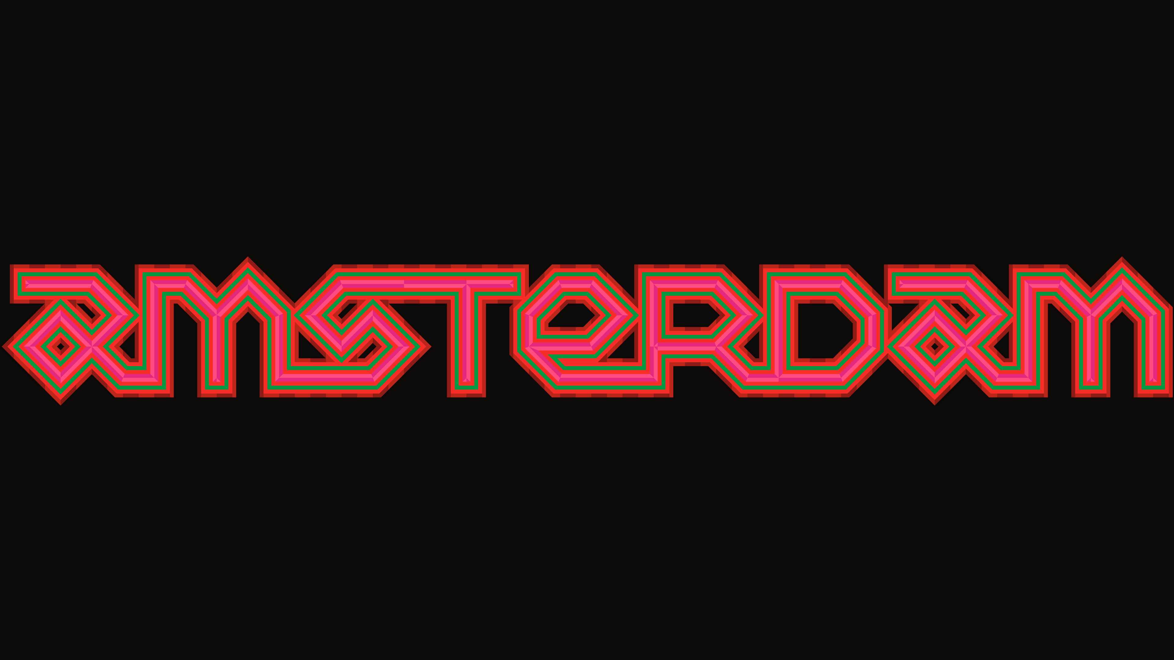 Custom lettering 'Amsterdam' in red, pink, and green text on a black background