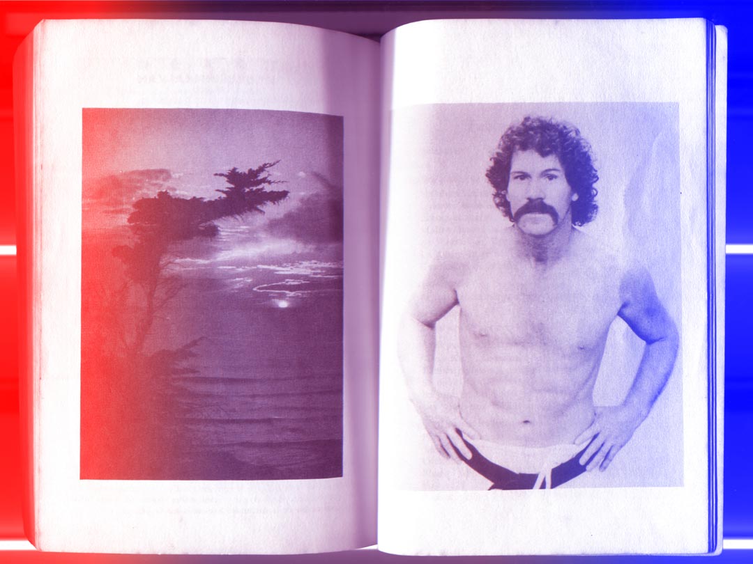 Postal card featuring a book spread with a landscape image on the left and a judoka on the right